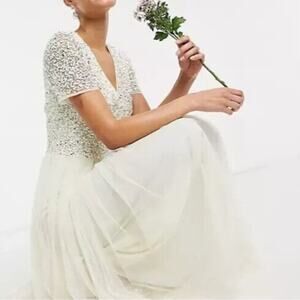 NWT Maya Deluxe cream ecru sequin tulle formal homecoming prom bridesmaid dress